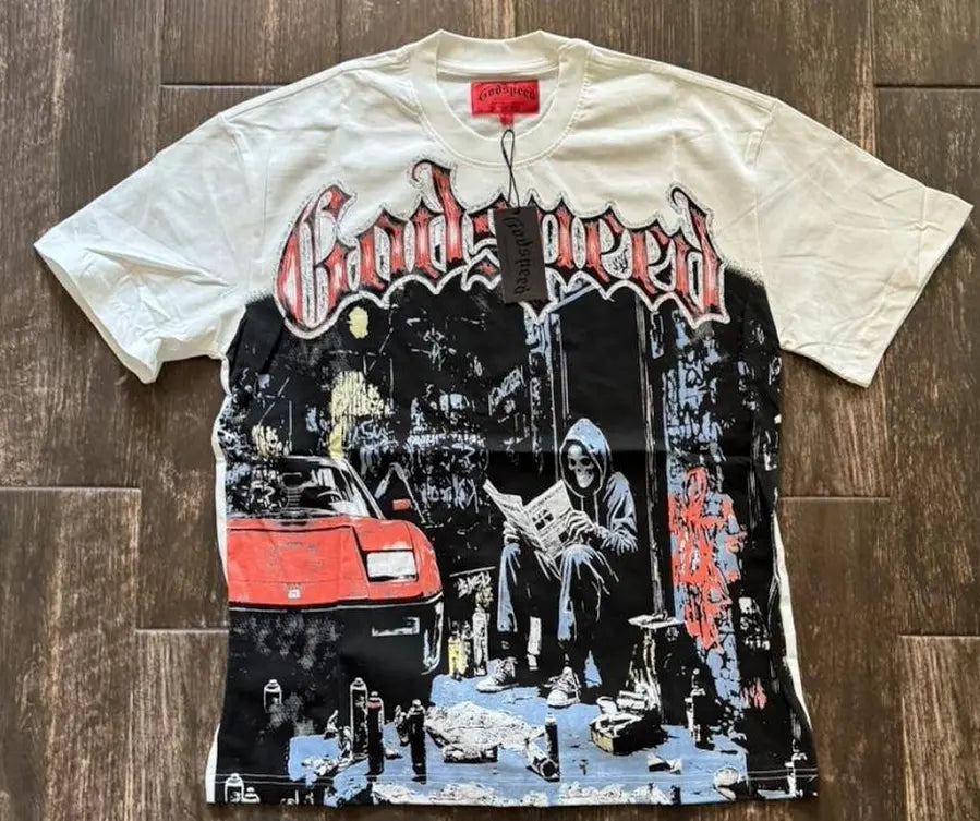 GodSpeed White “Reading Newspaper Next To Ferrari” Tee