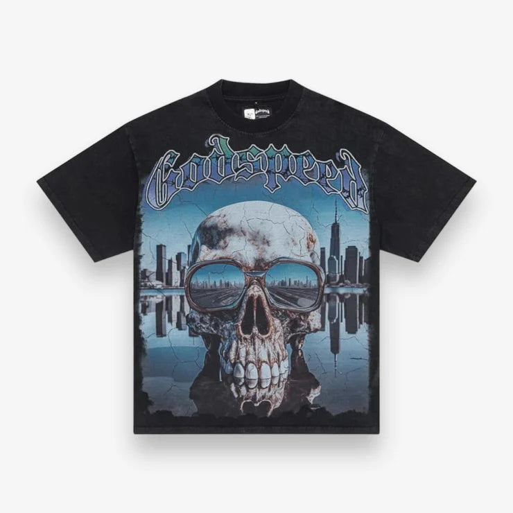 God speed black city skull tee