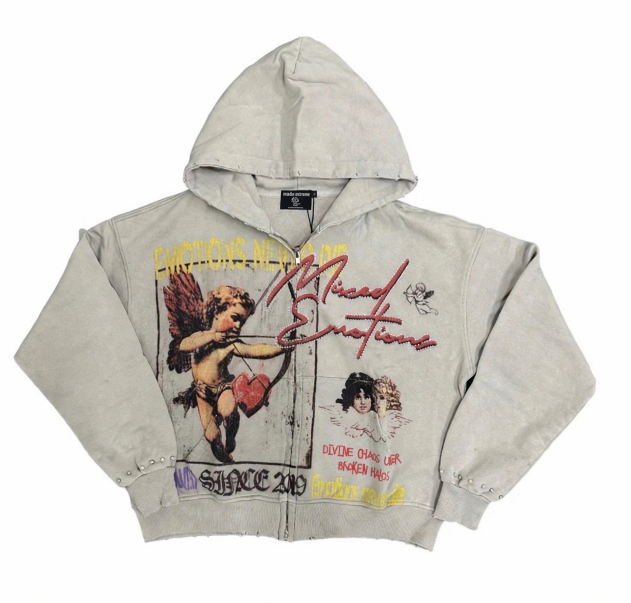 Mixed Emotions Beige Broken Halo Zip Up Hoodie