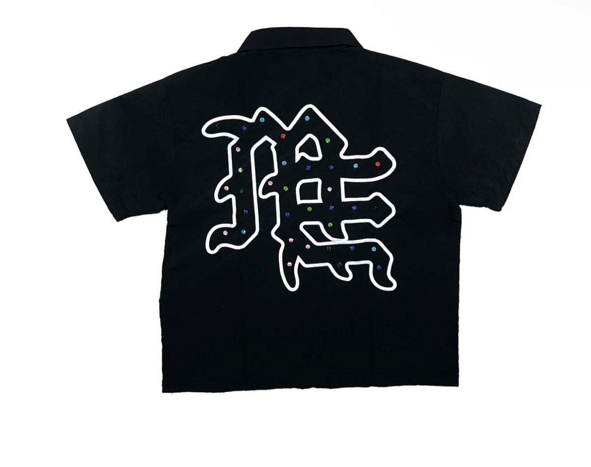 Mixed emotion black zip up collar rhinestone tee
