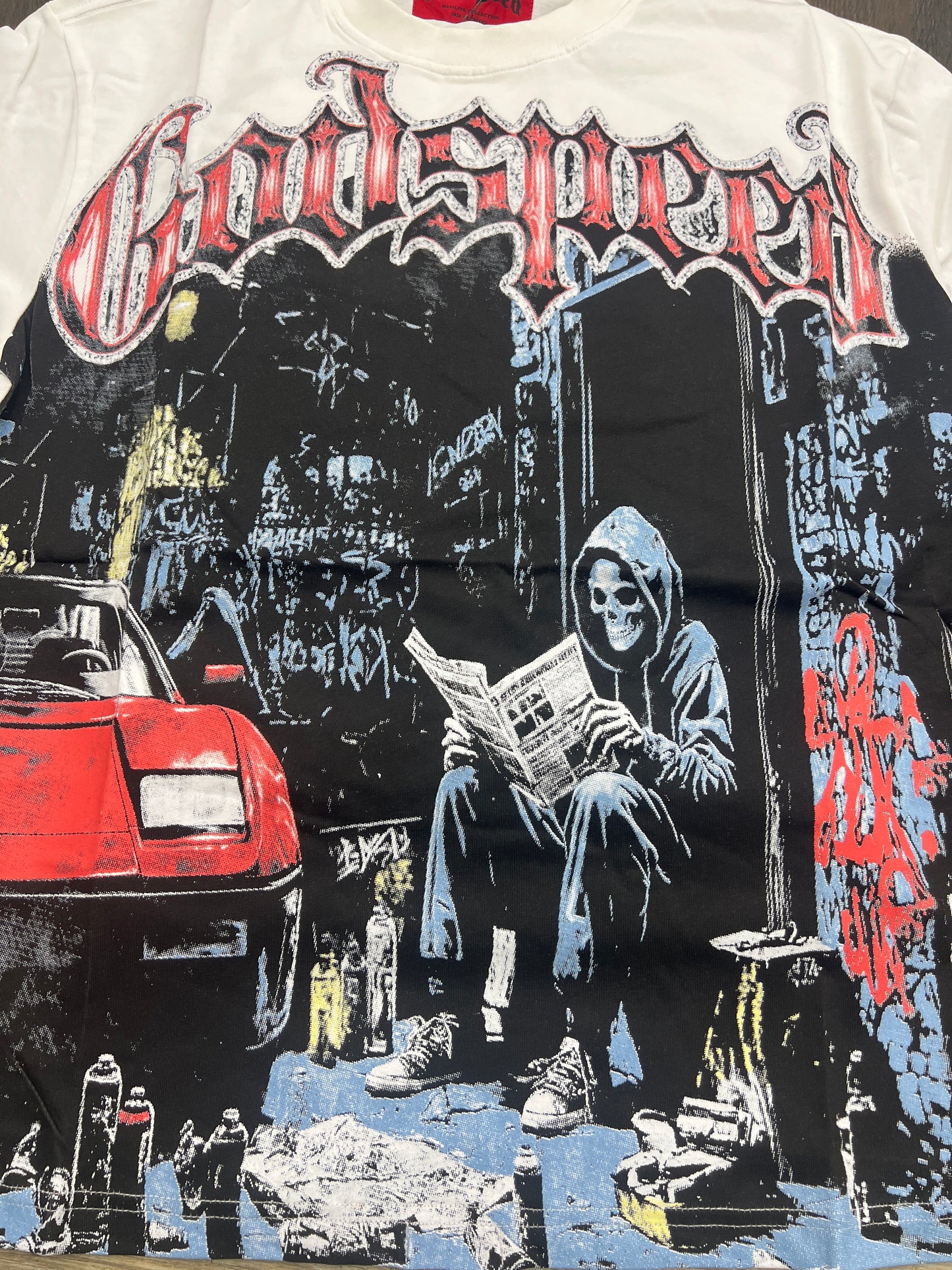 God speed white grim reaper newspaper tee