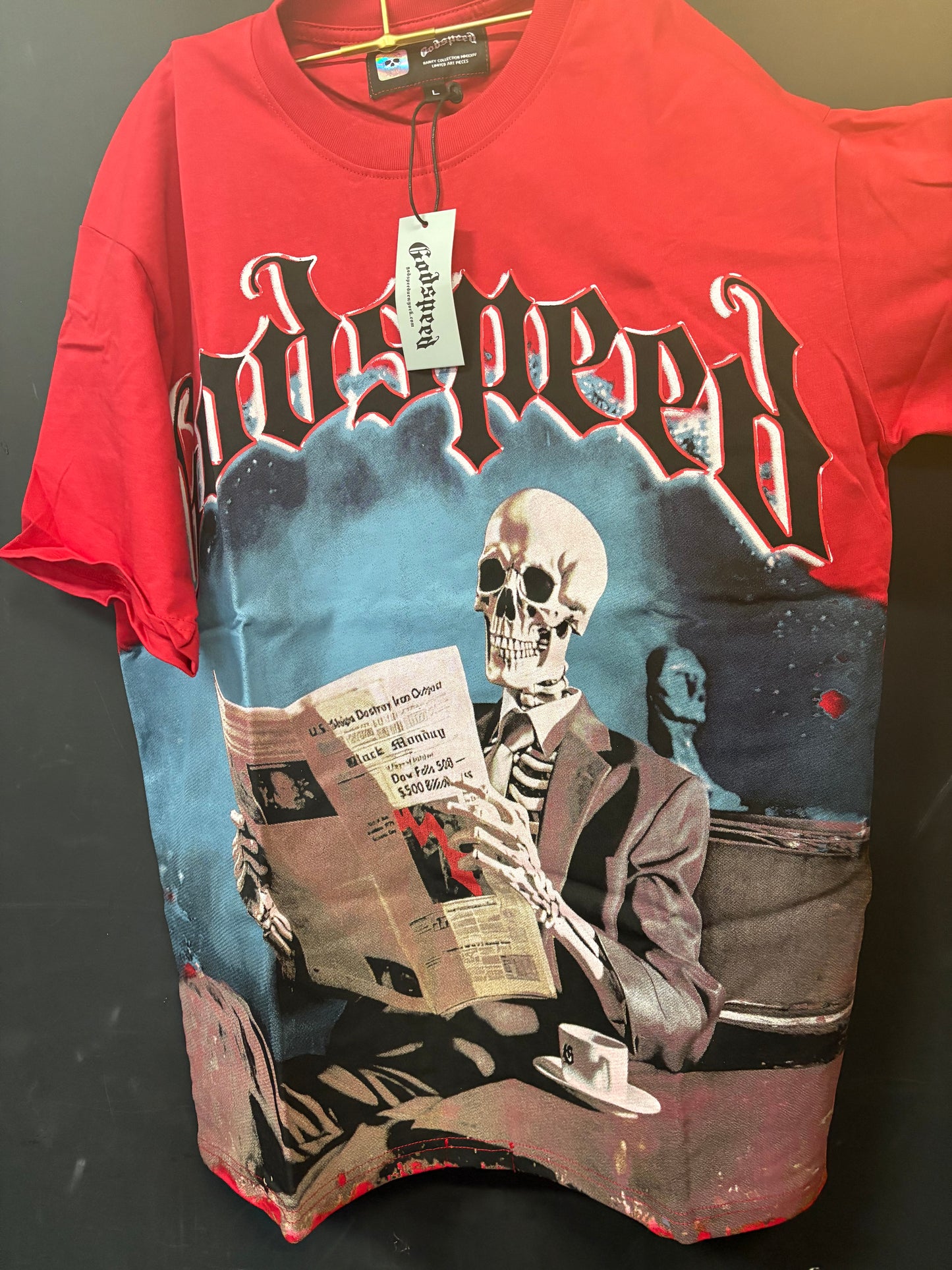 God speed red newspaper skeleton