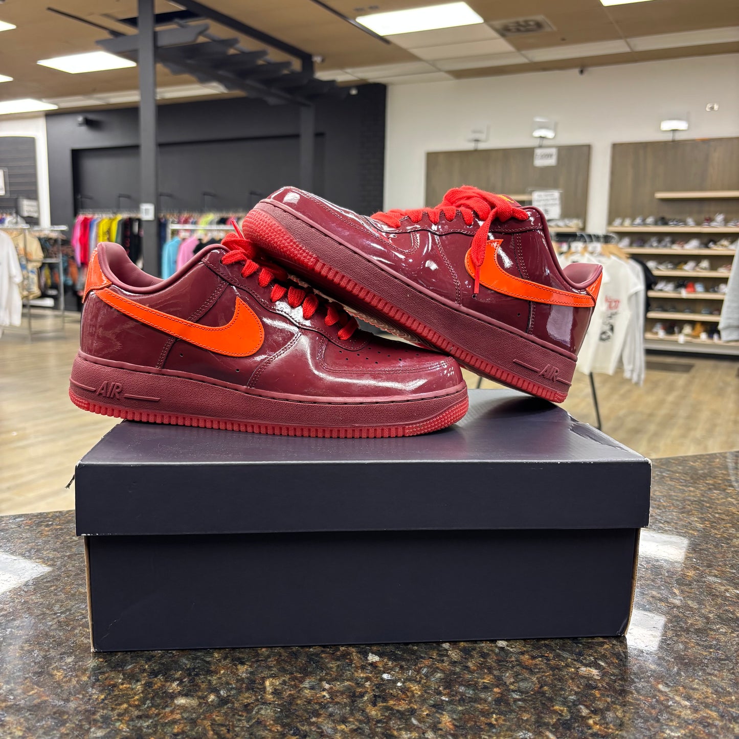 Used Air Force 1 Low Patent Leather Dark Team Red Safety Orange with box