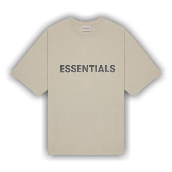 Essentials tan tee black “essentials” logo on front tee
