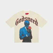 God speed cream blue skeleton tee