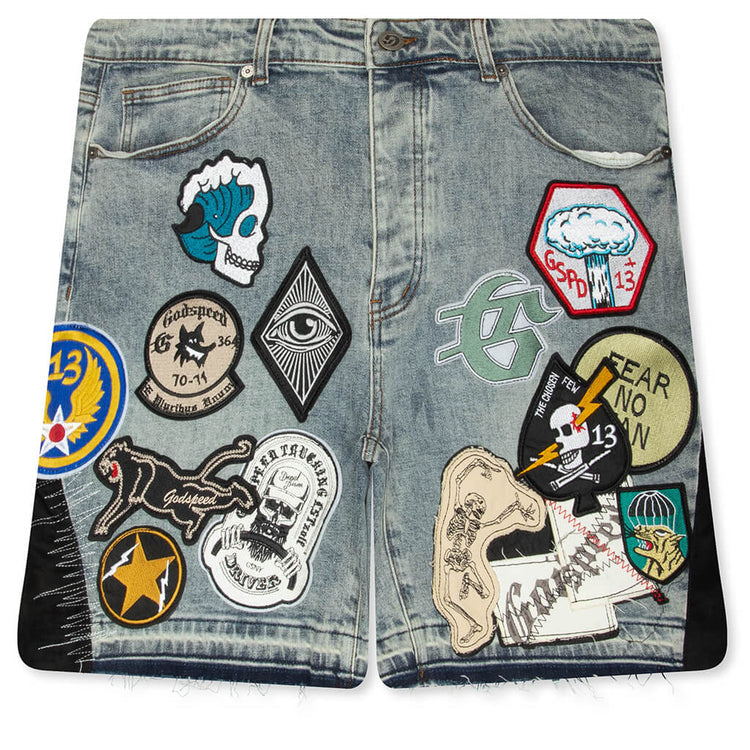 GODSPEED NEW YORK
PATCHWORK DENIM V2 BLUE SHORTS