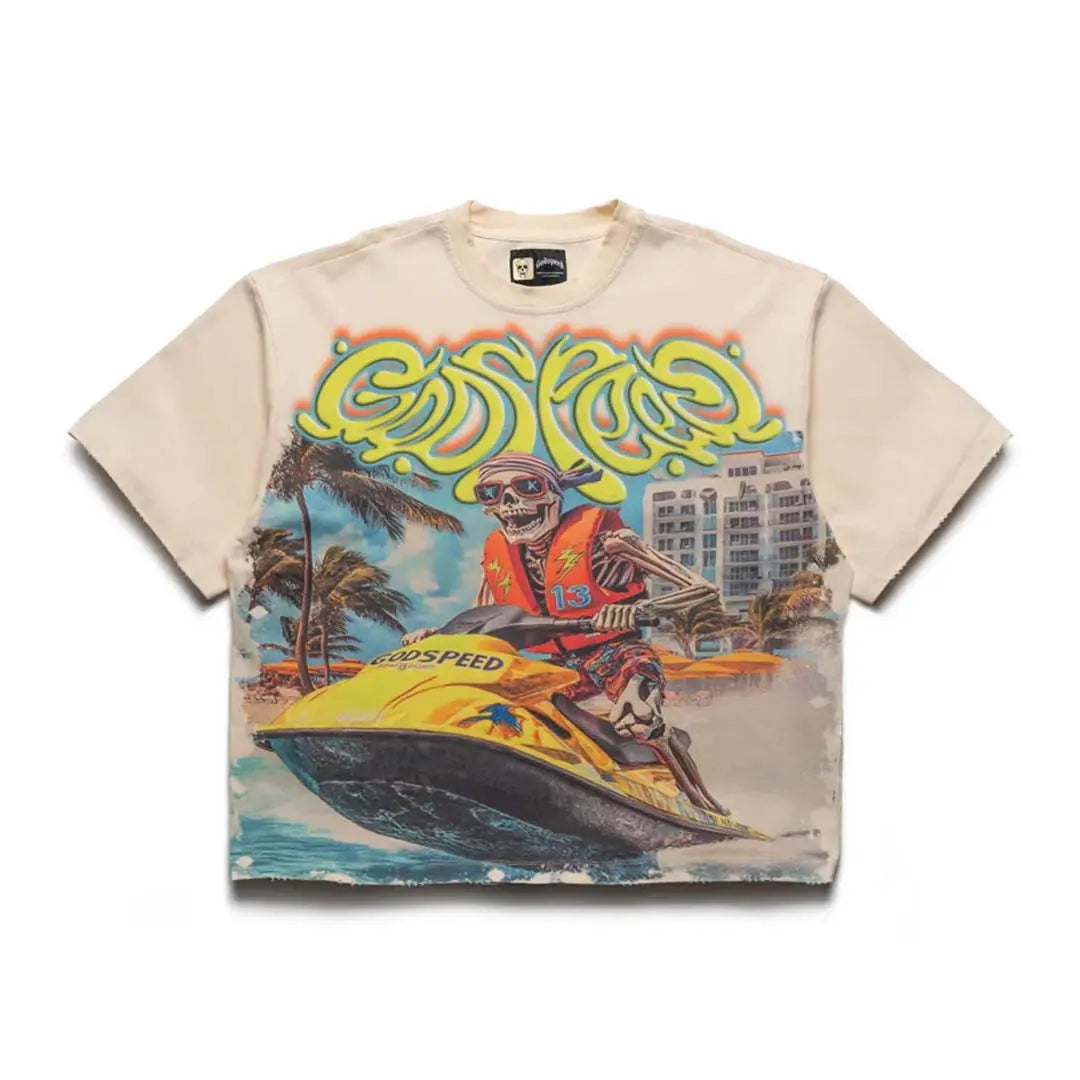 Godspeed Skeleton On Jetski White Tee