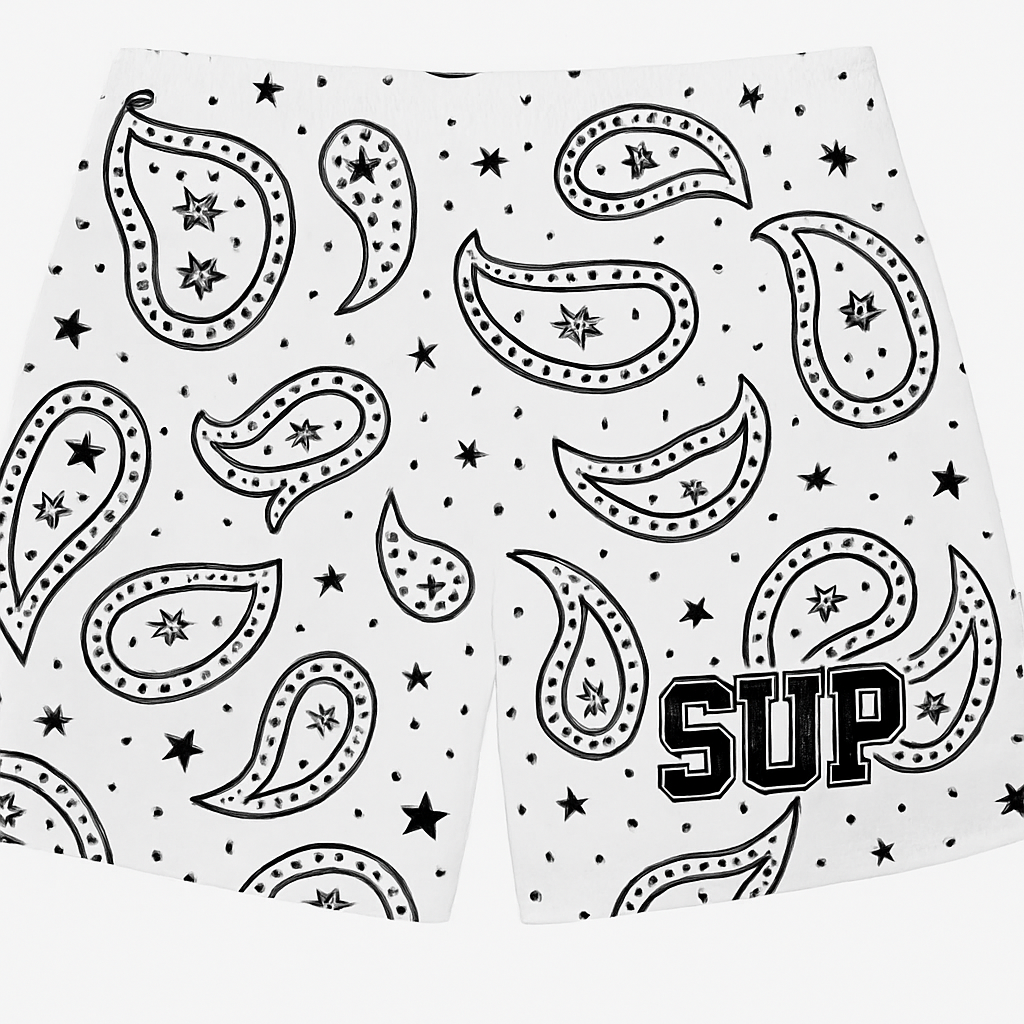 Sup White Black Paisley Shorts