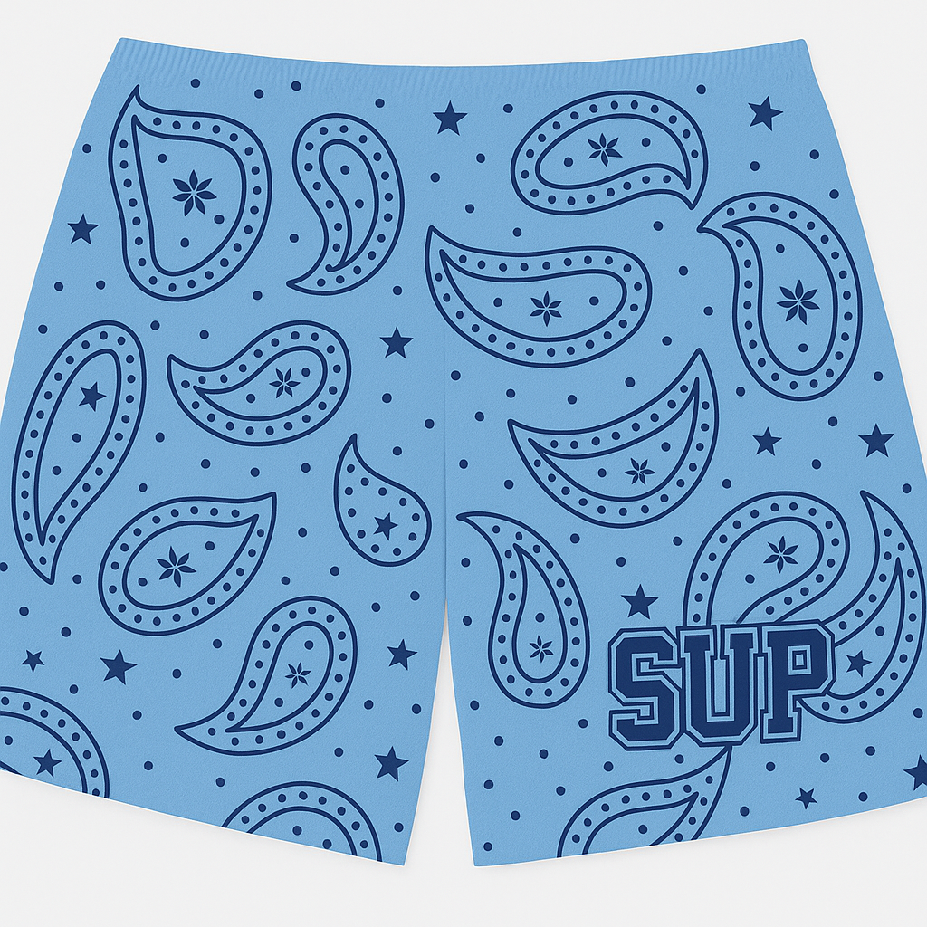 Sup Baby and Royal Blue Paisley shorts