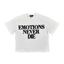 Mixed Emotion #7 white rhinestone “emotion never dies” tee