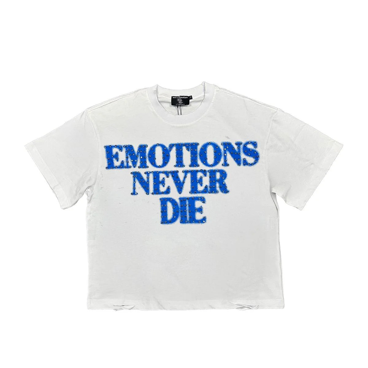 Mixed emotion #1 never die white blue tee
