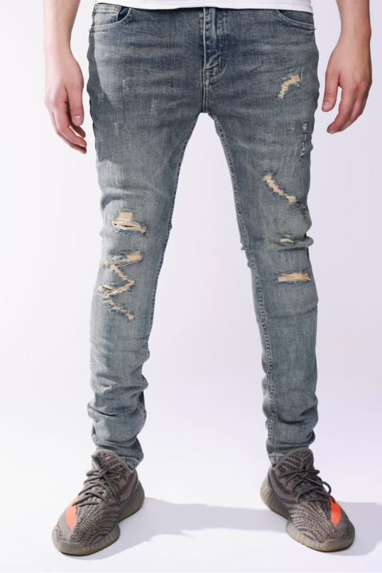 Pali Dream Wash Dark With Yellow Distressed Denim Jeans