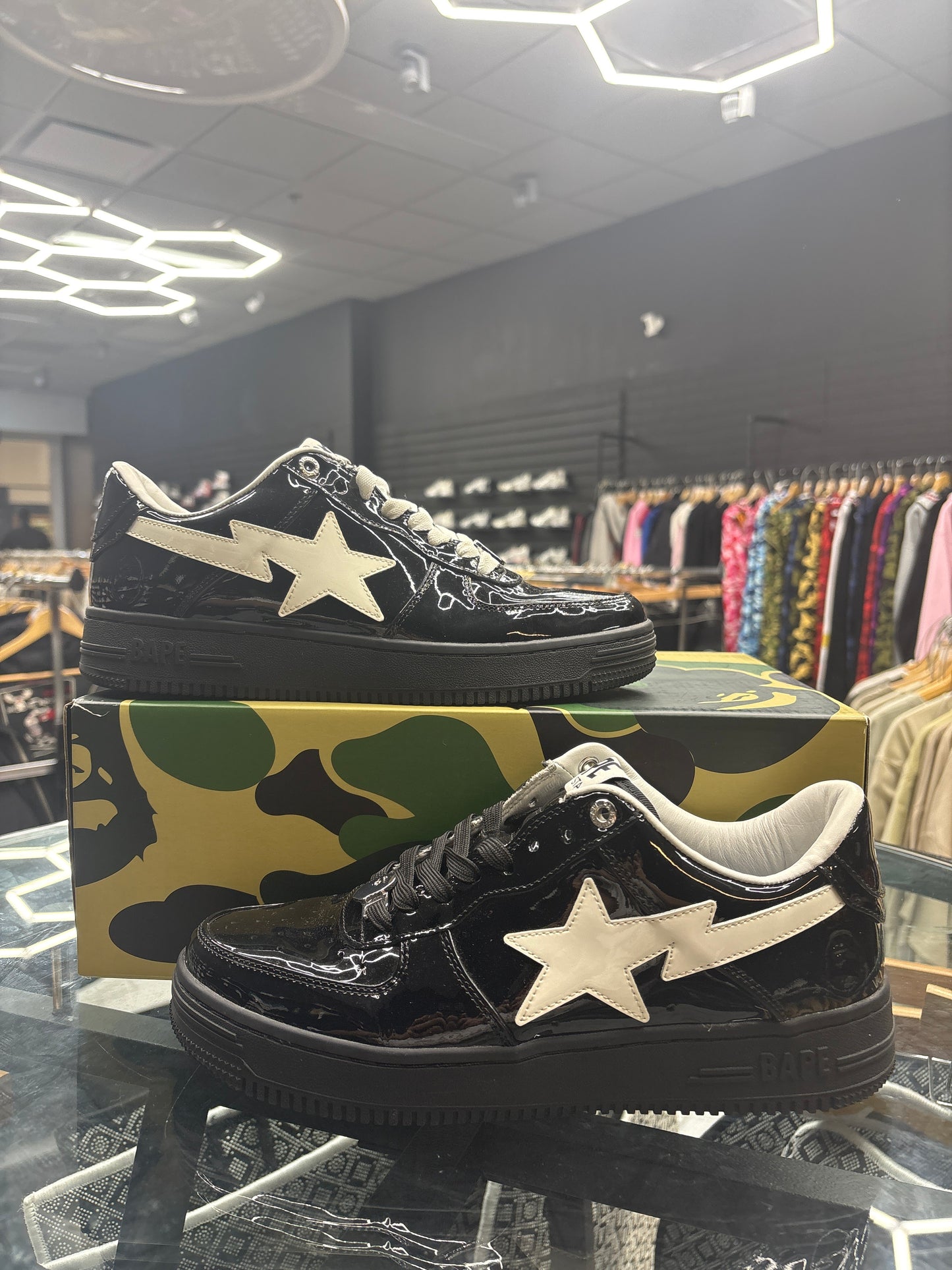 Bapesta Black/White Patent USED W BOX