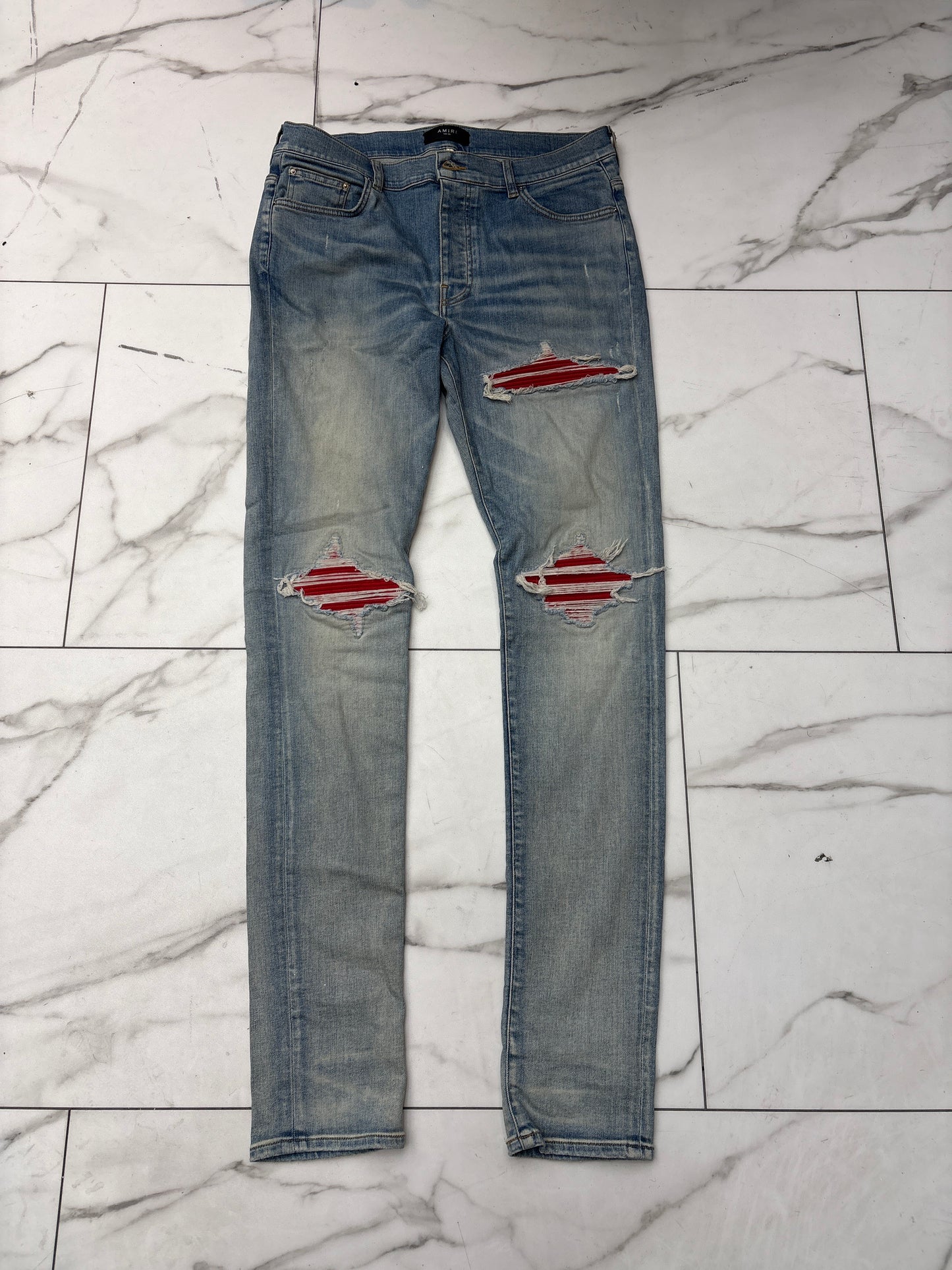 Amiri Distressed Red Patch Blue Jeans USED