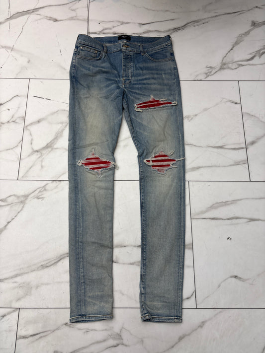 Amiri Distressed Red Patch Blue Jeans USED