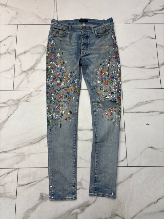 Amiri Paint Splatter Blue Ripped Blue Jeans