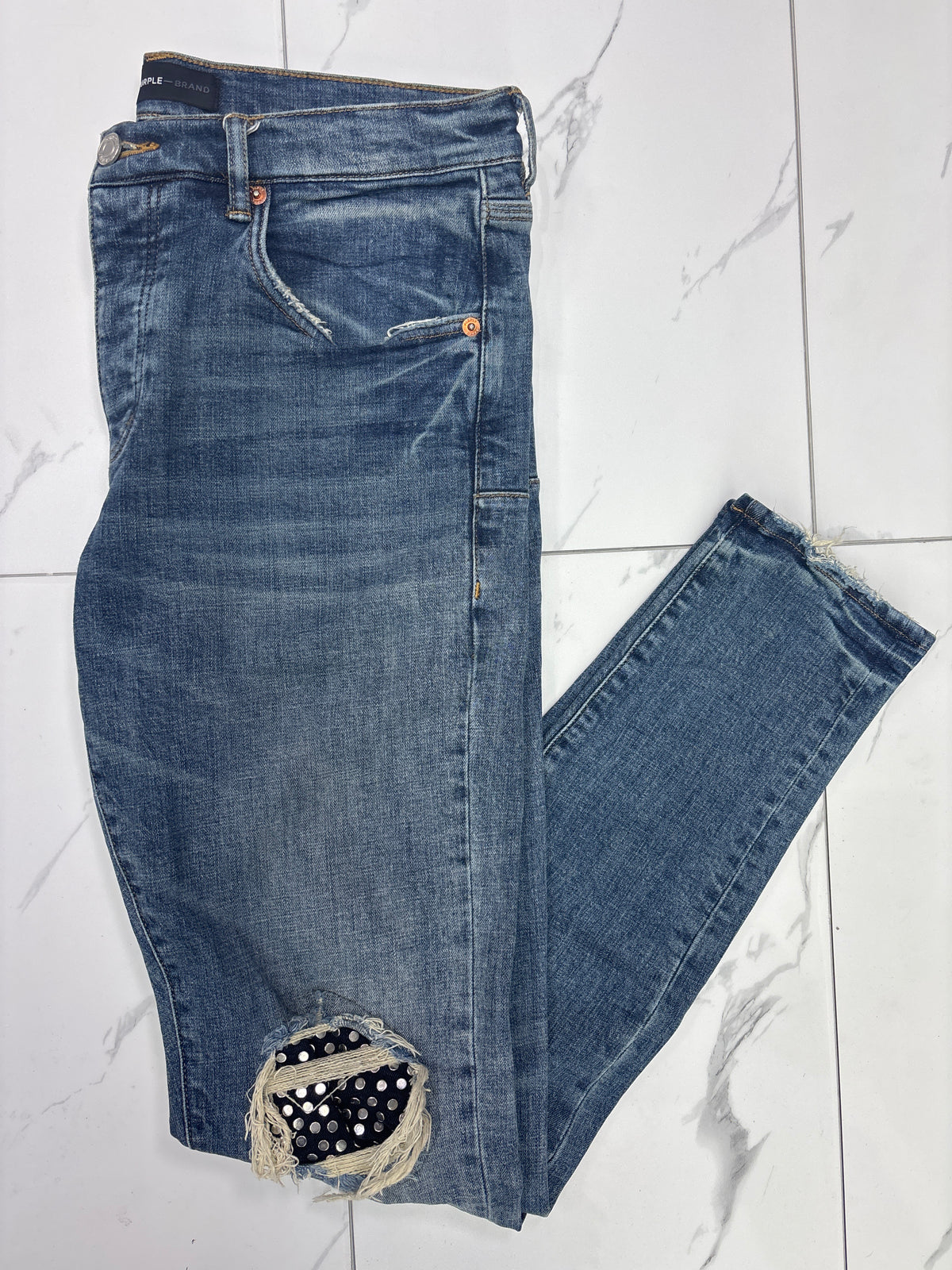 Purple Jeans ‘Dark Blue With Metal Rhinestone Rips’ PRE-OWNED