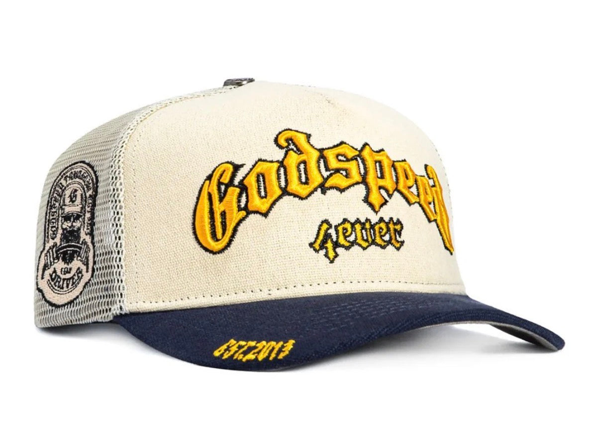 Godspeed Forever Trucker Hat
Bone/Yellow/Navy