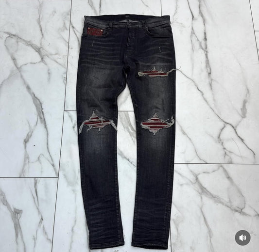 Amiri Red Patch/Slit Black Jeans