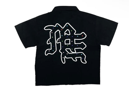 Mixed emotion black zip up collar rhinestone tee