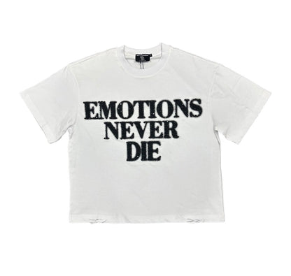 Mixed Emotion white rhinestone “emotion never dies” tee