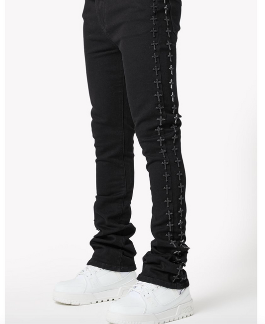 Guapi side crosses black stacked jeans