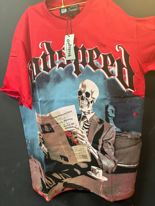 God speed red newspaper skeleton