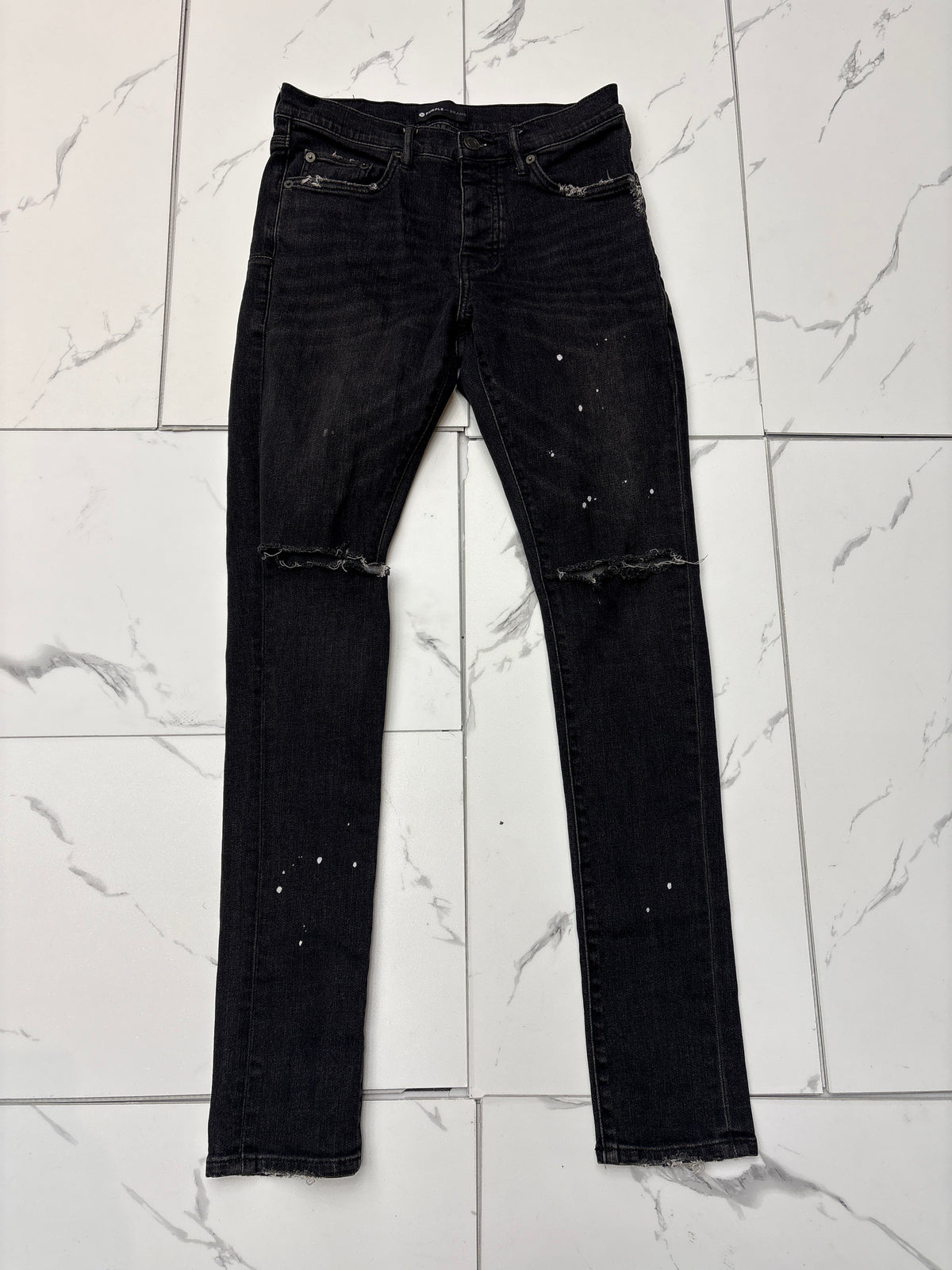 Purple Brand White Splatter Knee Slits Black Jeans USED
