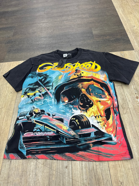 God Speed Black Race Car Skeleton Tee