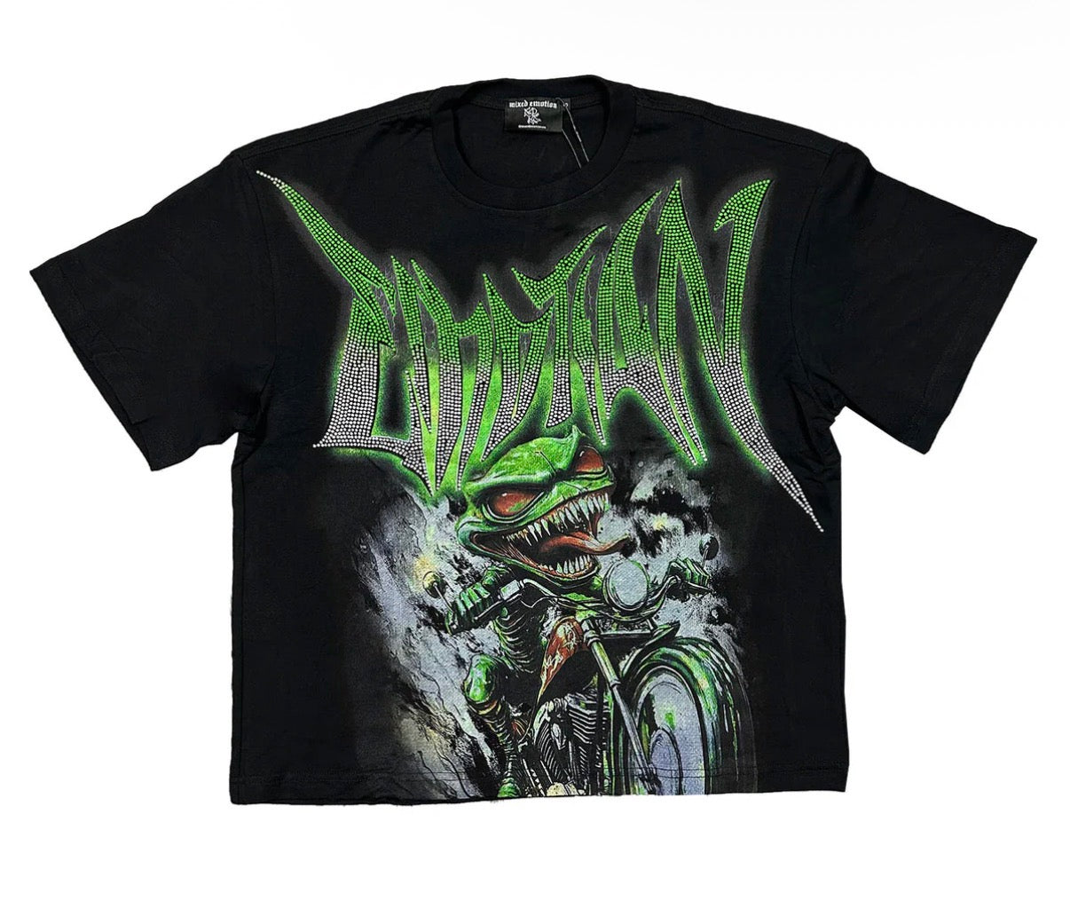 Mixed Emotion Black goblin rhinestone tee