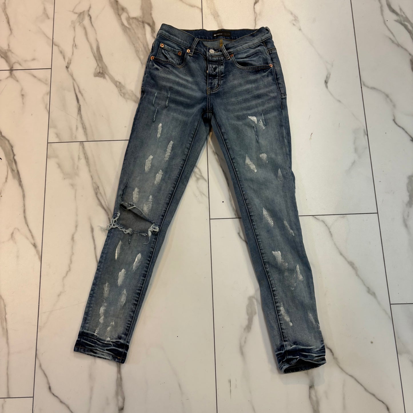 Purple jeans white spots light blue