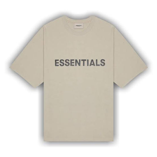 Essentials tan tee black “essentials” logo on front tee