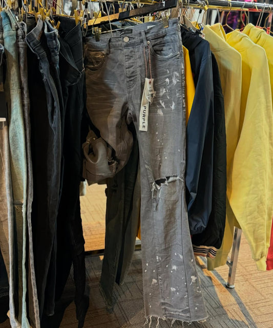 Purple jeans flare w white paints splatter