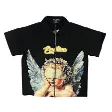 Mixed emotion #29 black collar zip up angel tee