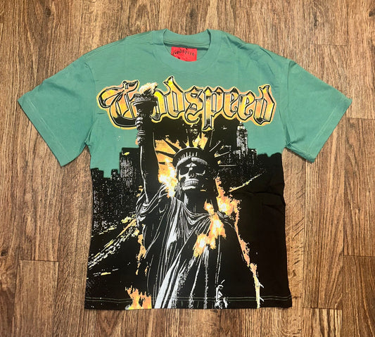 Godspeed Green flaming liberty tee