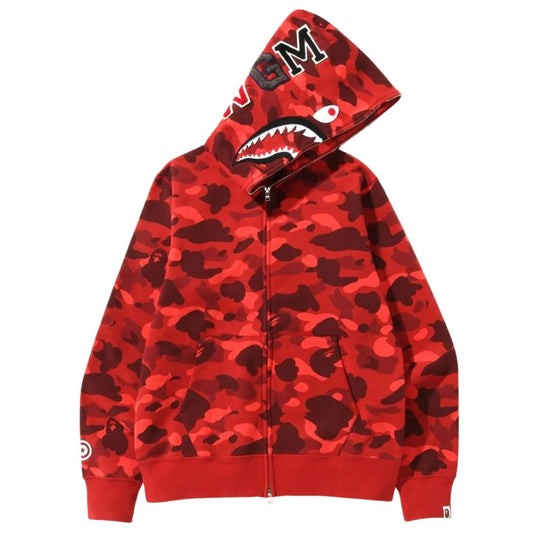 A BATHING APE MEN COLOR CAMO SHARK FULL ZIP HOODIE (RED)