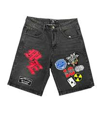 Mixed Emotion #7 “Danger” patches denim black shorts