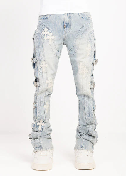 Guapi Blue Cross Buckle Denim Jeans