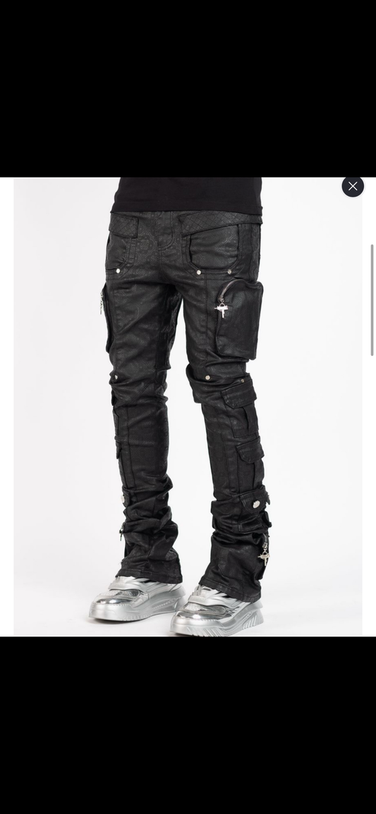 Guapi staked cargo leather black jeans