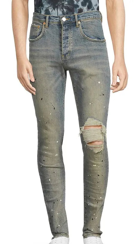 Purple Brand Jean Blue Denim White Black Splatter Left Distress Brand New